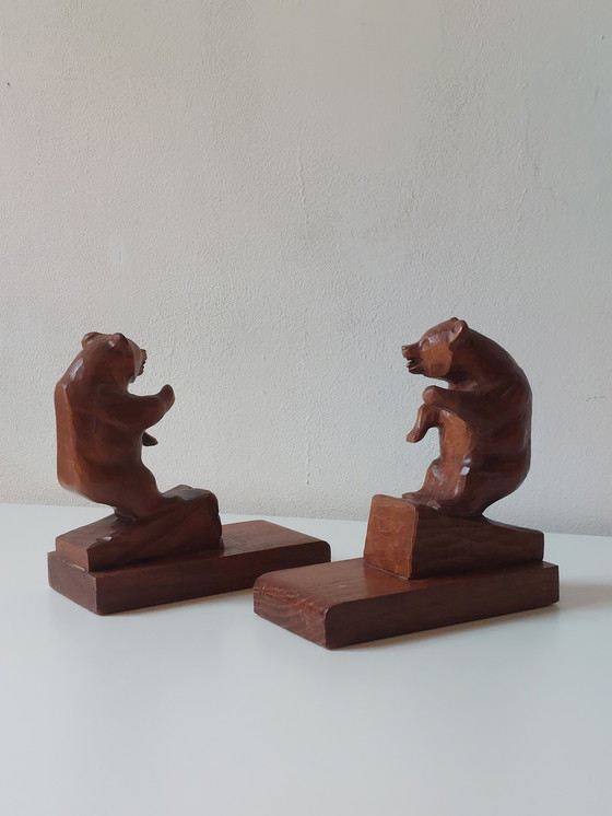 Image 1 of Paire de serre-livres anciens sculptés à la main, sculpture d'ours