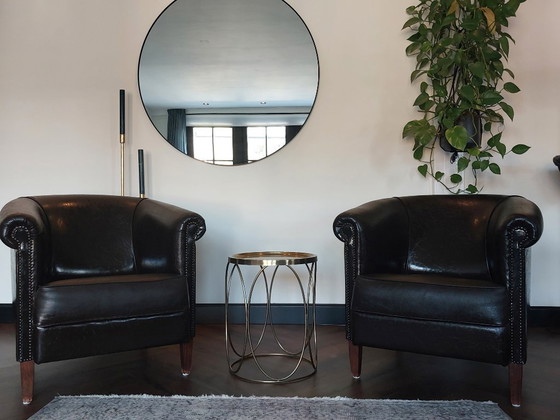 Image 1 of 2 Leren clubfauteuils – vintage / industrieel – echt leer – donkerbruin
