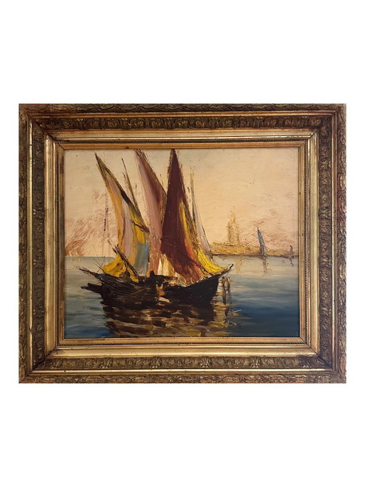 Very Old Impressionist Painting of a Mediterranean Port – schilderijen tekeningen, Wood (photo 2 of 12)