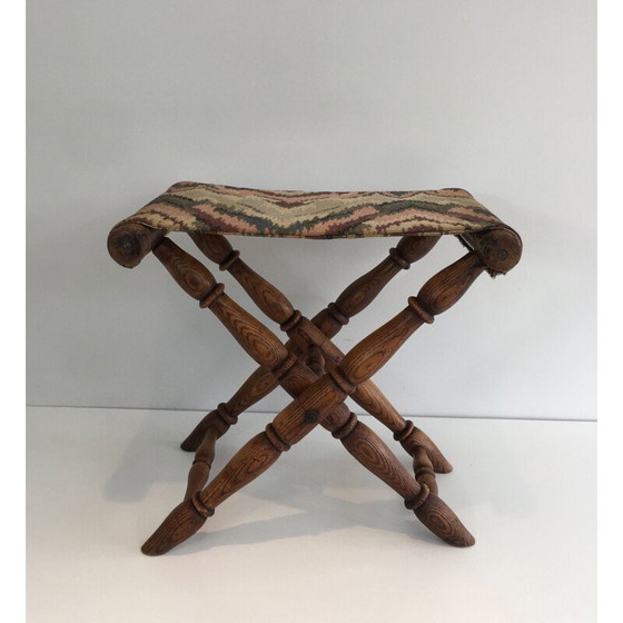 Image 1 of Vintage Folding Wooden and Tapestry Stool 1930