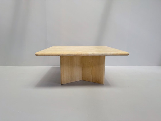 Image 1 of Vintage Travertine Coffee Table – Solid Square Stone Table with Cross Base – Postmodern 1970s Design