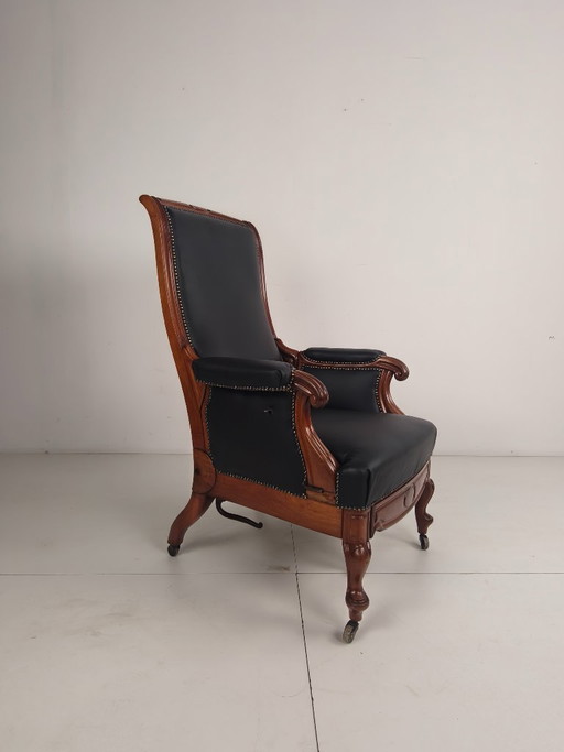 Antiker Bibliotheksstuhl aus dem 19. Jahrhundert von Horrix – Schwarzes Leder – verstelbare relaxstoel, Wood (photo 2 of 19)