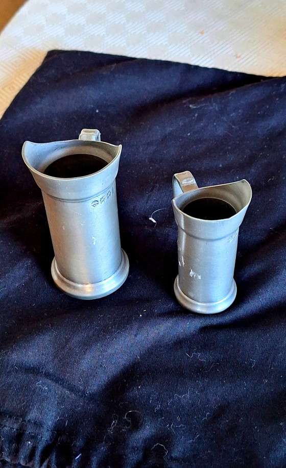 Vintage Belgische Geerinck 94% Tin Maatbekers / Steins - Set van 2 – Greenick, Keukenaccessoires, Metal (photo 4 of 6)