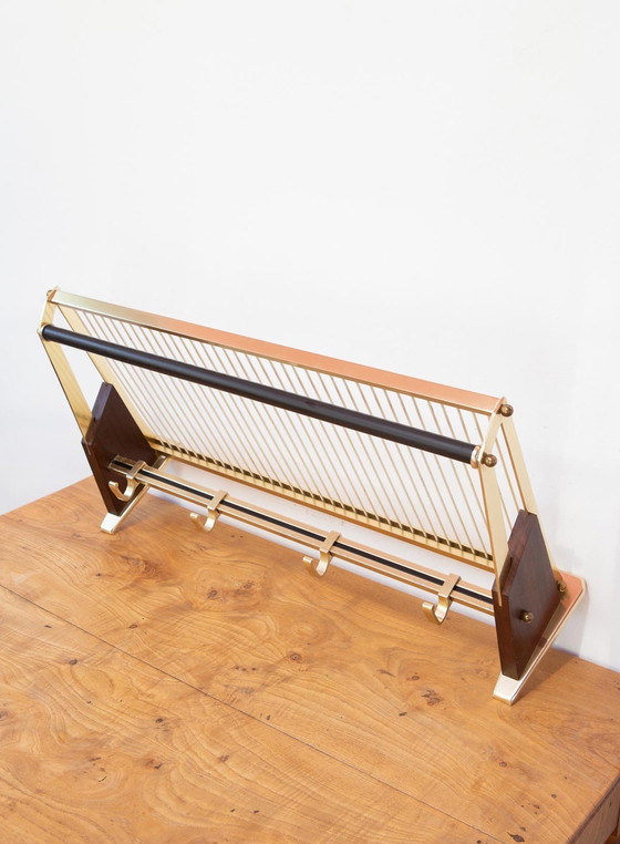 Image 1 of Vintage messing en hout wand kapstok mid century modern