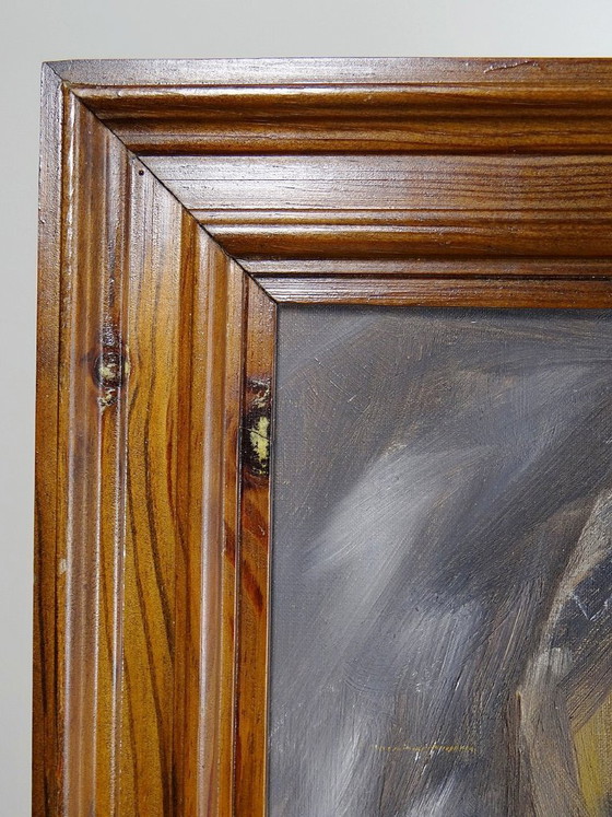 Image 1 of Vintage portrait "The Woman in Green", oil on canvas board, wooden frame