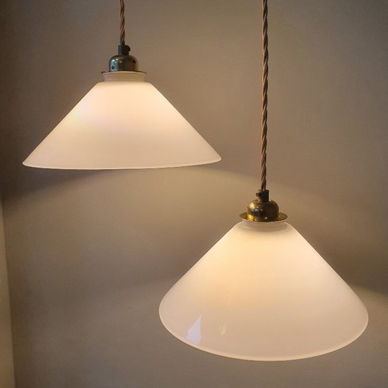 Set Vintage Pendant lamps - Milk glass, banker's lamps. – Metal (photo 9 of 21)