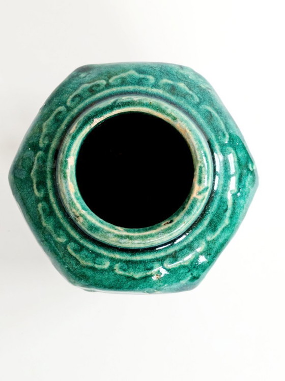 Image 1 of Pot à gingembre Shiwan chinois vintage, récipient hexagonal en faïence émaillée verte, pièce de collection