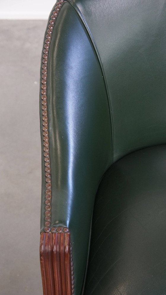 Image 1 of Beistell-/Ess-/Bürostuhl aus grünem Rindsleder und Holz im englischen Stil