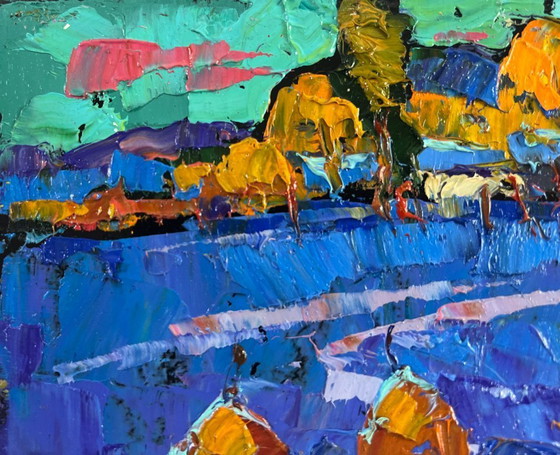 Image 1 of Original Oil Painting Winter Village Landscape Frosty stars in the evening sky