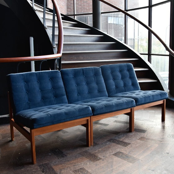Set of 3 Teak Easy Chairs Ole Gjerlov Knudsen & torben Lind, France & Søn, Armchairs, Textile, Blue (photo 2 of 14)