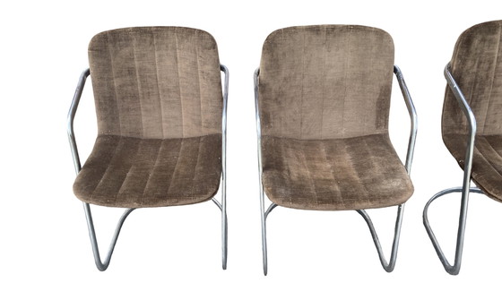 Image 1 of 4 Chromen frame met stoffen groen/bruine bekleding eetkamerstoel