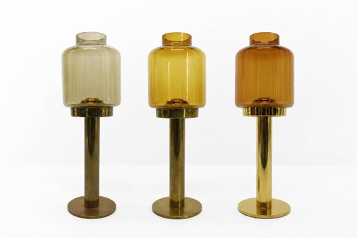 Set of 3 large Swedish candlesticks in brass and tinted glass by Hans-Agne Jakobsson for Markaryd, model L-102/32 "Claudia" 1960