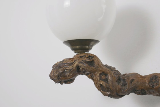 Image 1 of  Vintage Driftwood Wall Lamp Double Opaline Globe Sconce Vine Root Light Fixture Organic Brutalist Lighting Handmade Wall Light 