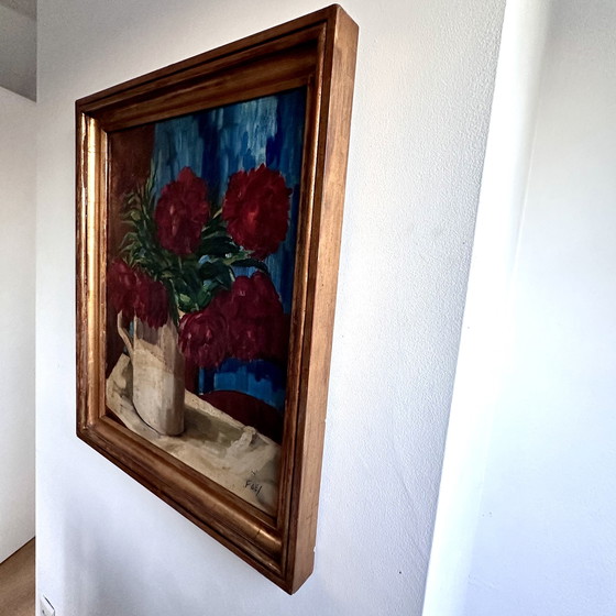 Image 1 of Vintage Oil Painting – Red Peonies in White Jug, Signed FAE, Expressive Floral Still Life, Belgian School Framed Artwork, 20th C
