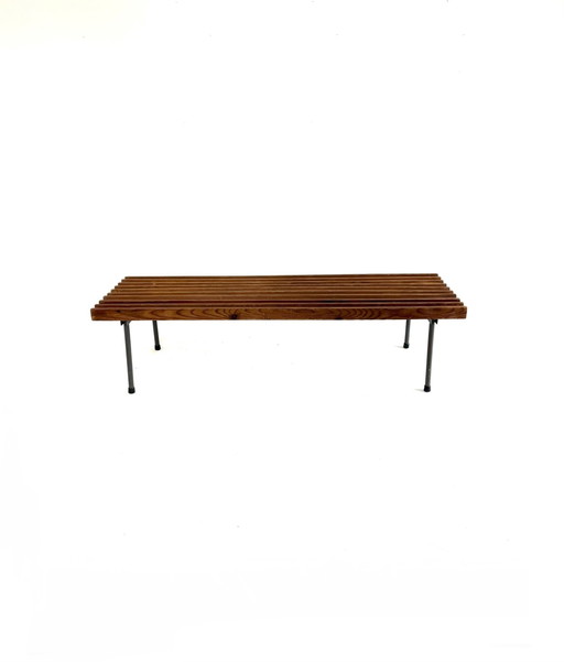 Vintage pinewood slatted bench '60