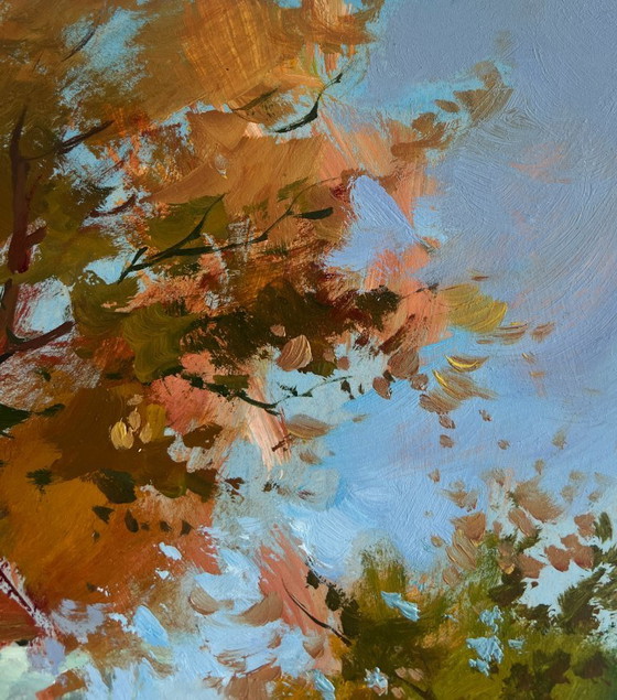 Image 1 of Original Oil Painting Autumn House Landscape Autumn golden path