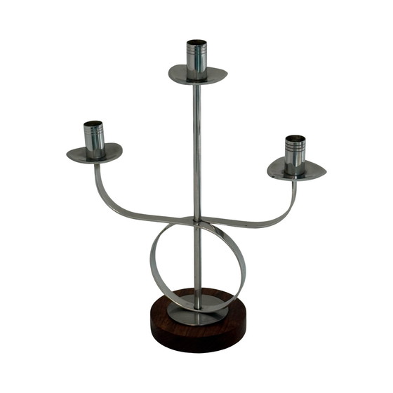 Image 1 of Set of two - Candelabra holding three candles each - Teak wood and chromed metal - ca. 1970’s, Scandinavian