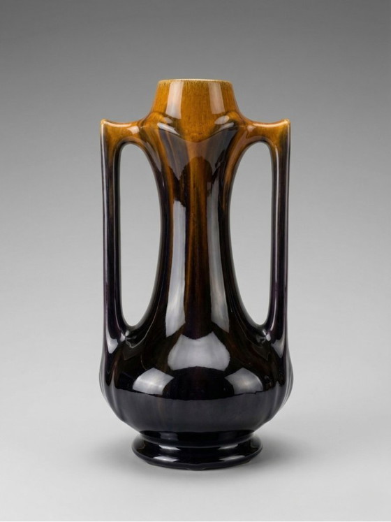 Image 1 of Art Deco vase in flamed brown-black glazed stoneware – openwork handles – French work – 1930s – 28 cm
