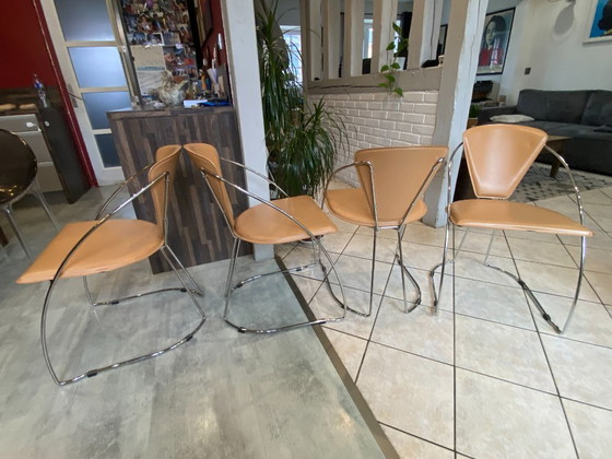 Image 1 of Set di 4 poltrone Linda di Arrben, pelle color cammello, struttura in acciaio cromato, vintage anni '80