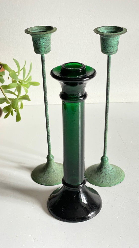 Image 1 of Vintage Glass and Metal Candle Holders Green