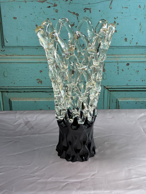 Image 1 of Lattice Web Art Glass Vase with Lime Design Murano Style