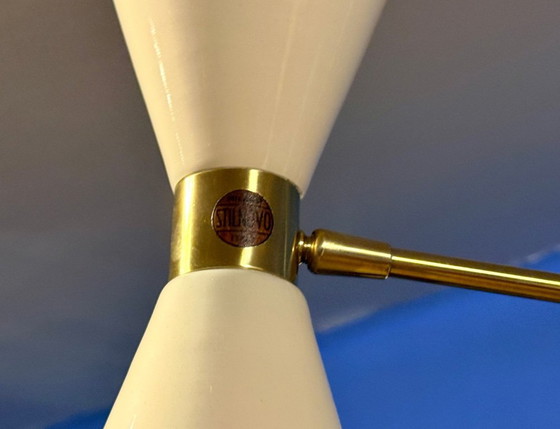 Stilnovo Diablo Chandelier, 1950s, Metal, Brass, Creme, Mid Century Modern (photo 4 of 6)