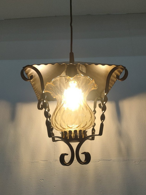 Image 1 of Massive lantern pendant lamp with amber ribbed glass