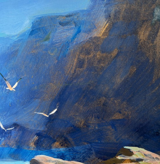 Image 1 of Pintura al óleo original Paisaje de rocas marinas Brisa marina en un día despejado