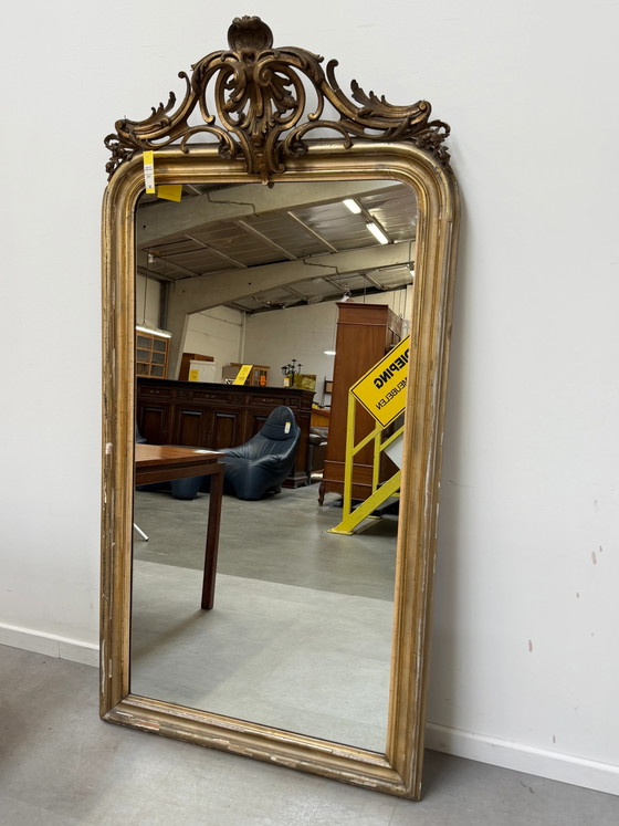 19th-Century Gilt Mirror with Ornate Crest, 192 × 100 cm (photo 6 of 8)