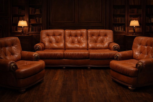 Ensemble de salon classique en cuir de style Chesterfield — Canapé 3 places + 2 fauteuils — Ensemble bibliothèque intemporel