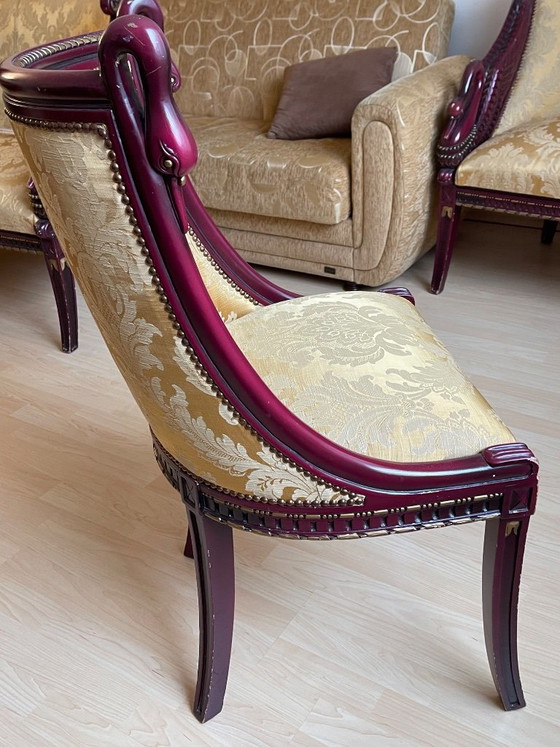 Set di 12 Sedie da Pranzo Stile Impero – Intagli a Collo di Cigno – Textile, Wood (photo 3 of 12)