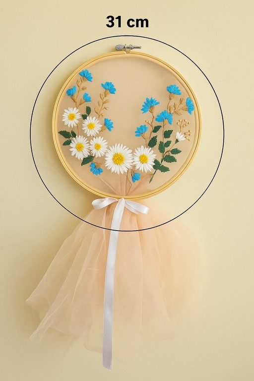 Handmade Embroidery Hoop Wall Art – Daisies & Blue Wildflowers on Tulle with Peach Tulle Tail – 31 cm