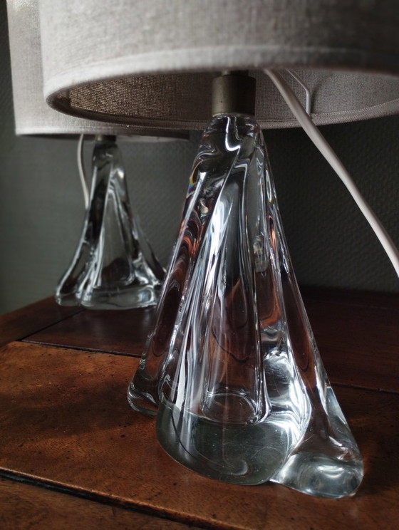 Image 1 of Pair of table lamps - 1950s style twisted clear glass bases - Hemp cylindrical lampshades