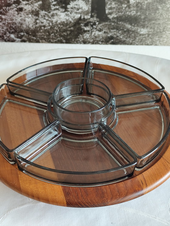 Image 1 of Piatto girevole originale Digsmed Denmark Lazy Susan – Piatto girevole in teak e vetro di metà secolo