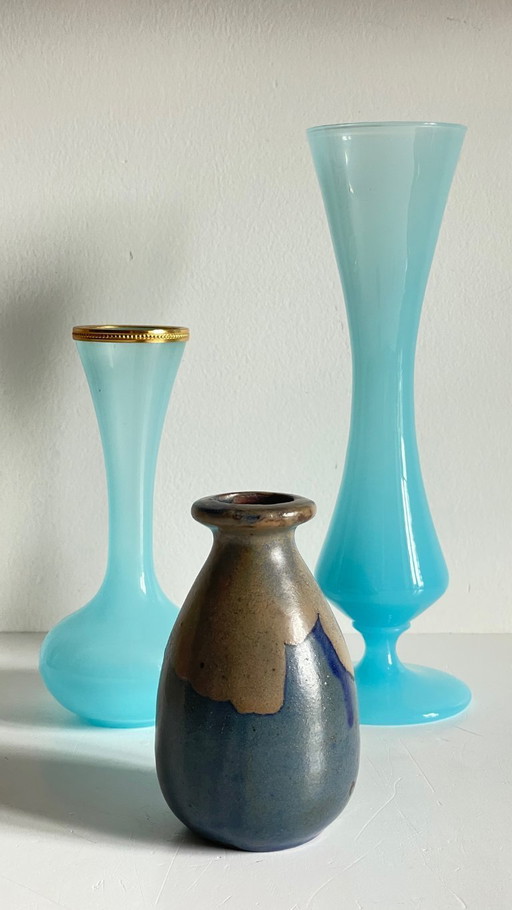 3 Blue VASES in GRASS and Vintage OPALIN glass