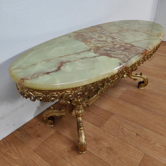 Oval coffee table with marble top and ornate golden base, Metal, Green, Klassiek (photo 6 of 12)