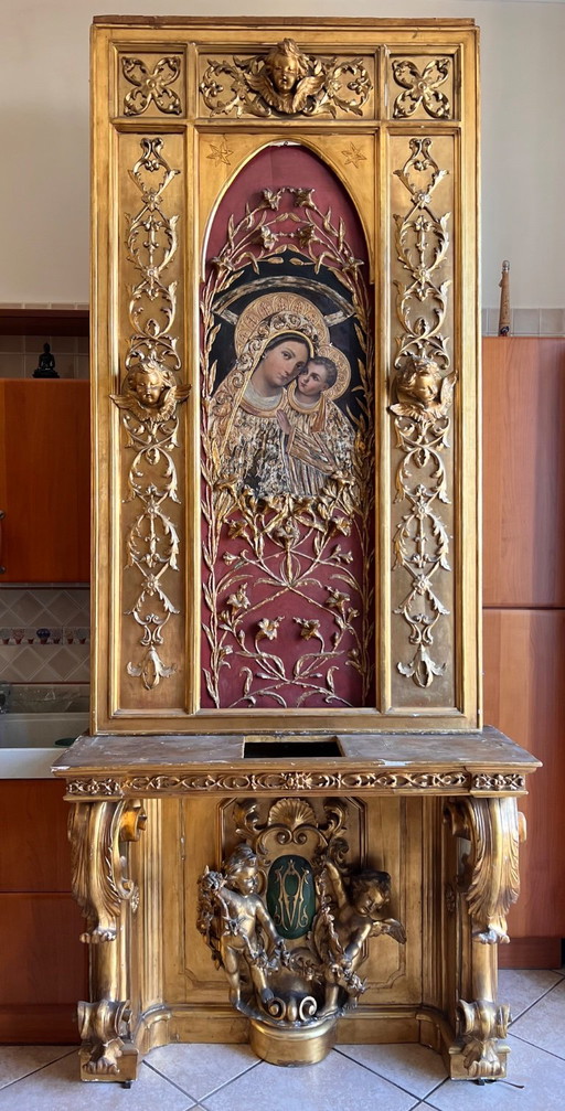 Monumental 19th-Century Italian Giltwood Devotional Altar with Madonna and Child