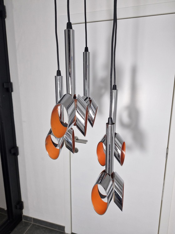 Massive Space Age cascade pendant lamp, chrome and orange, 5 light points, Metal, Silver (photo 6 of 15)