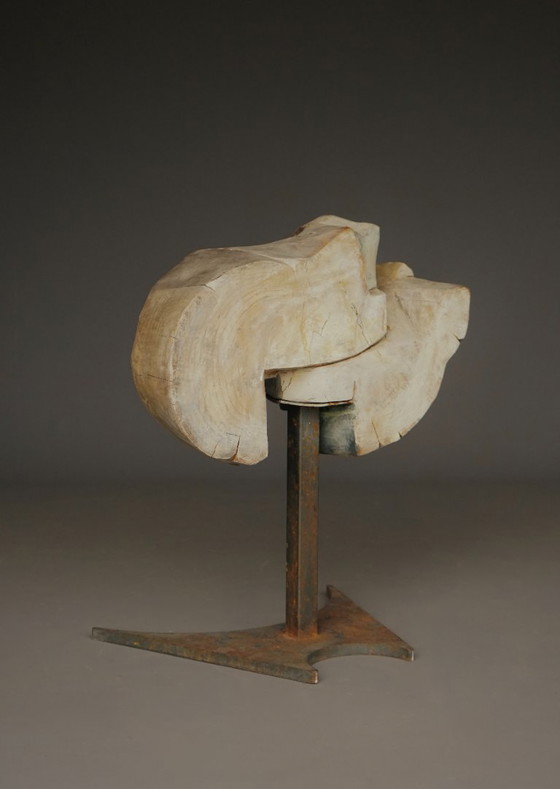 Image 1 of Gesneden brutalistisch abstract beeldhouwwerk, jaren 70, hout en metaal