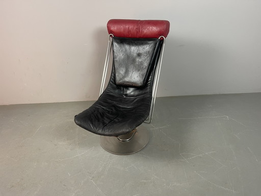 Sillón ‘Interdane’ de diseño danés de mediados de siglo en cuero negro y rojo de Oluf Lund para Trio-Line