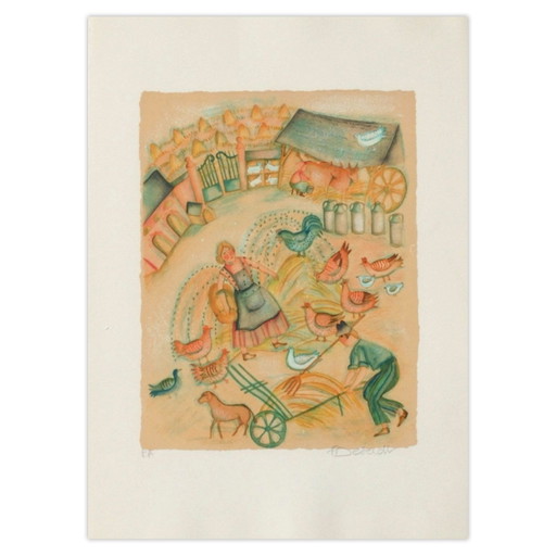 Françoise Deberdt Lithographie Signée Aux Champs - Cour De Ferme 1985 – lithos zeefdrukken, Paper (photo 2 of 5)