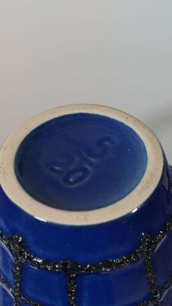 Image 1 of Vintage Ceramic Vase Fat Lava Spiderweb Blue