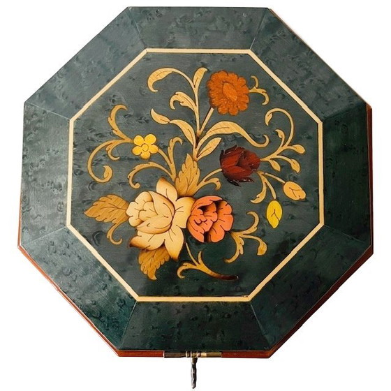 Image 1 of Carillon vintage MAPSA portagioie in legno intarsiato con fiori verdi Sorrento anni '60