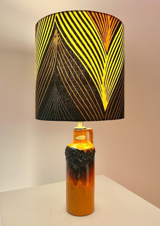Image 1 of Wireless vase lamp upcycled from a handled vase by Kreutz Keramik and African batik fabric