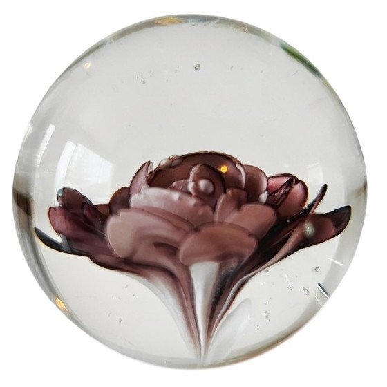 Image 1 of Vintage Glass Paperweight Purple Flower Hollywood Regency