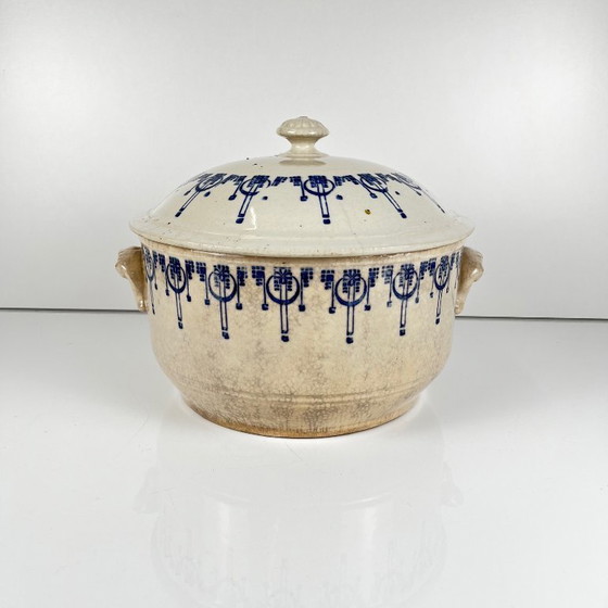 Antica bouillotte / cocotte in gres di Saint Uze, decoro blu, inizio XX secolo – Stoviglie, Ceramica (photo 14 of 14)
