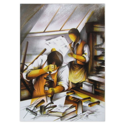 Raymond POULET Trades - De boekbinder, gesigneerde lithografie, 1984