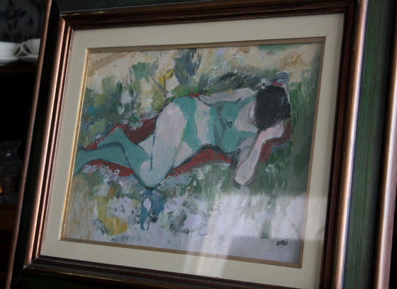 Image 1 of Peinture à l'huile sur toile, "Femme couchée", par Savino Labò, signée