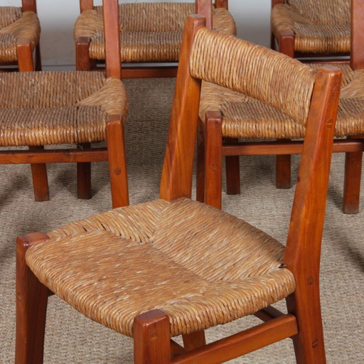 Set of 6 straw-seated chairs in solid elm, French work, 1950