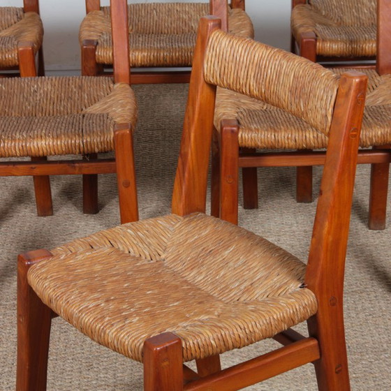 Image 1 of Set of 6 straw-seated chairs in solid elm, French work, 1950